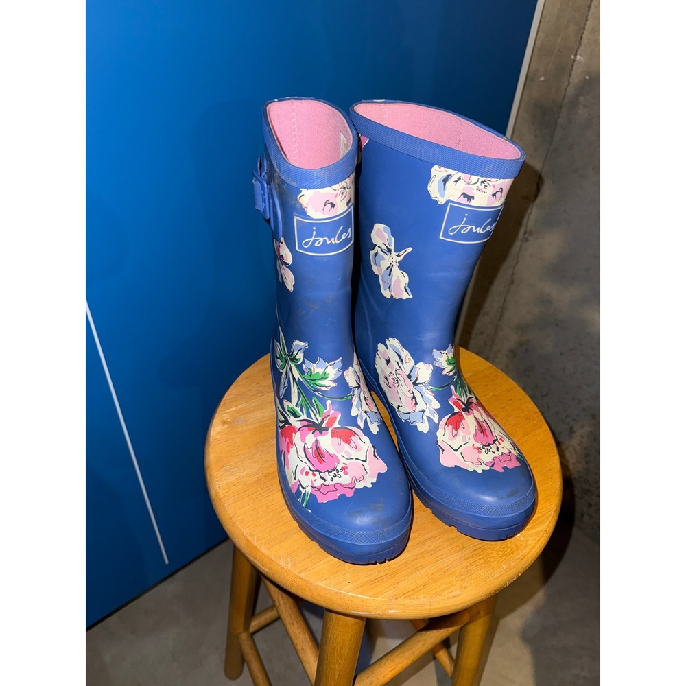 Joules Molly Welly Blue Floral Rain Boots Womens Size 7 Mid Height Rubber Boots